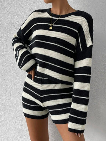 Cozy striped knit sweater and shorts set for women