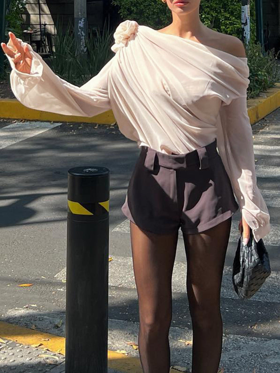 Women's One-Shoulder Chiffon Blouse - Semi-Sheer - Draped Asymmetrical Elegance