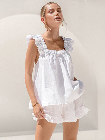 Women's Cotton Shorts Set - Sleeveless Square Neck Top - Ruffle Trim - Relaxed Fit