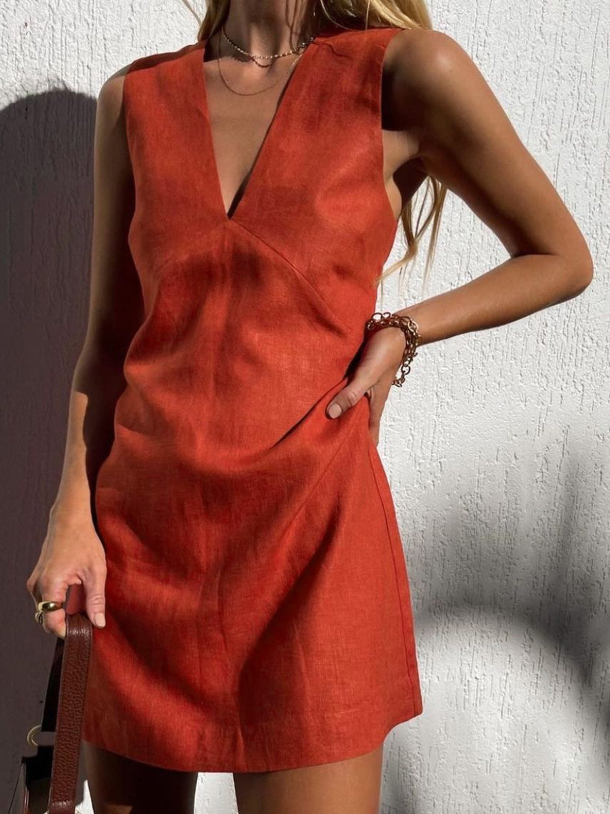 Women’s V-Neck Short Dress - Cotton Linen Blend - Sleeveless Lightweight Casual Wear