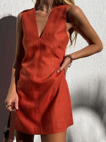 Women’s V-Neck Short Dress - Cotton Linen Blend - Sleeveless Lightweight Casual Wear