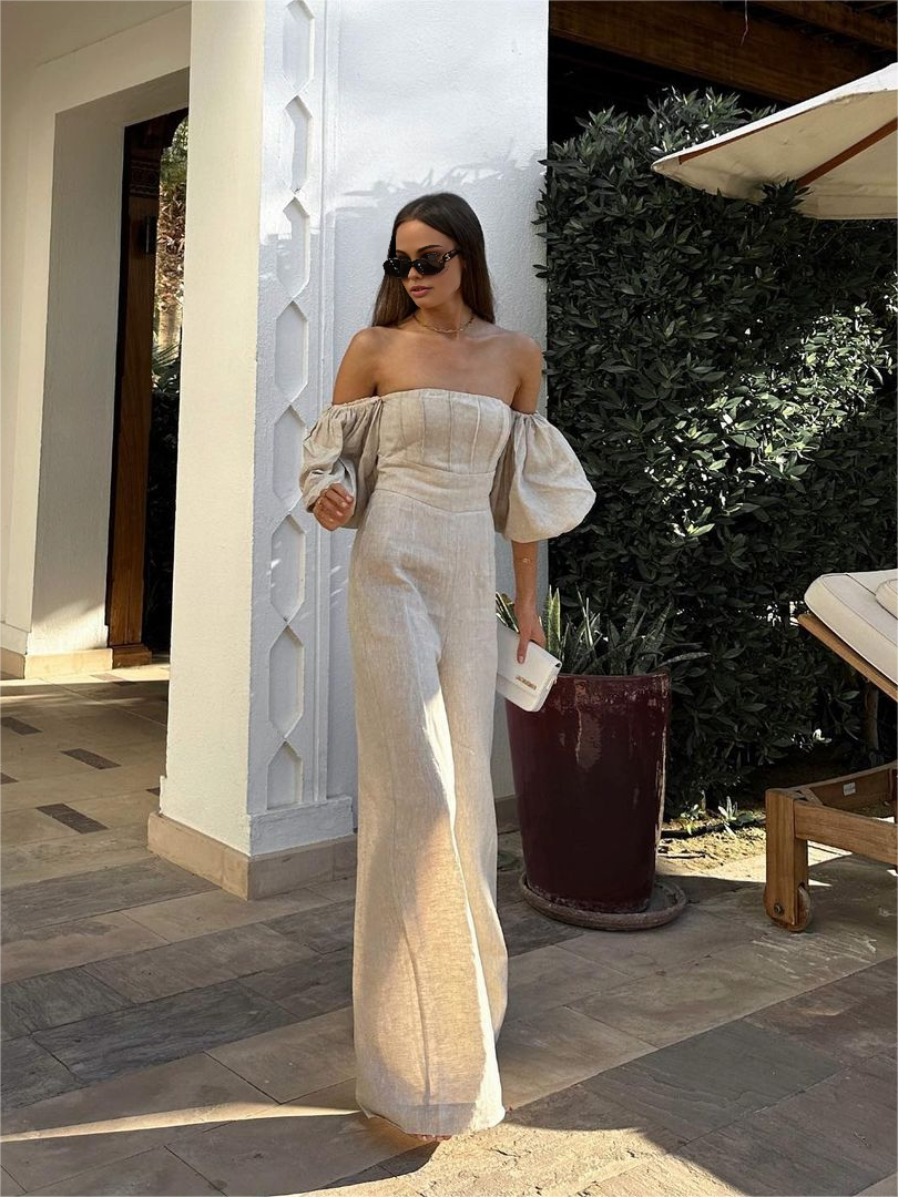 Women's Jumpsuit - Linen Blend - Off-the-Shoulder - Puff Sleeve - Wide-Leg Elegant Fit