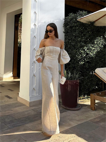 Women's Jumpsuit - Linen Blend - Off-the-Shoulder - Puff Sleeve - Wide-Leg Elegant Fit