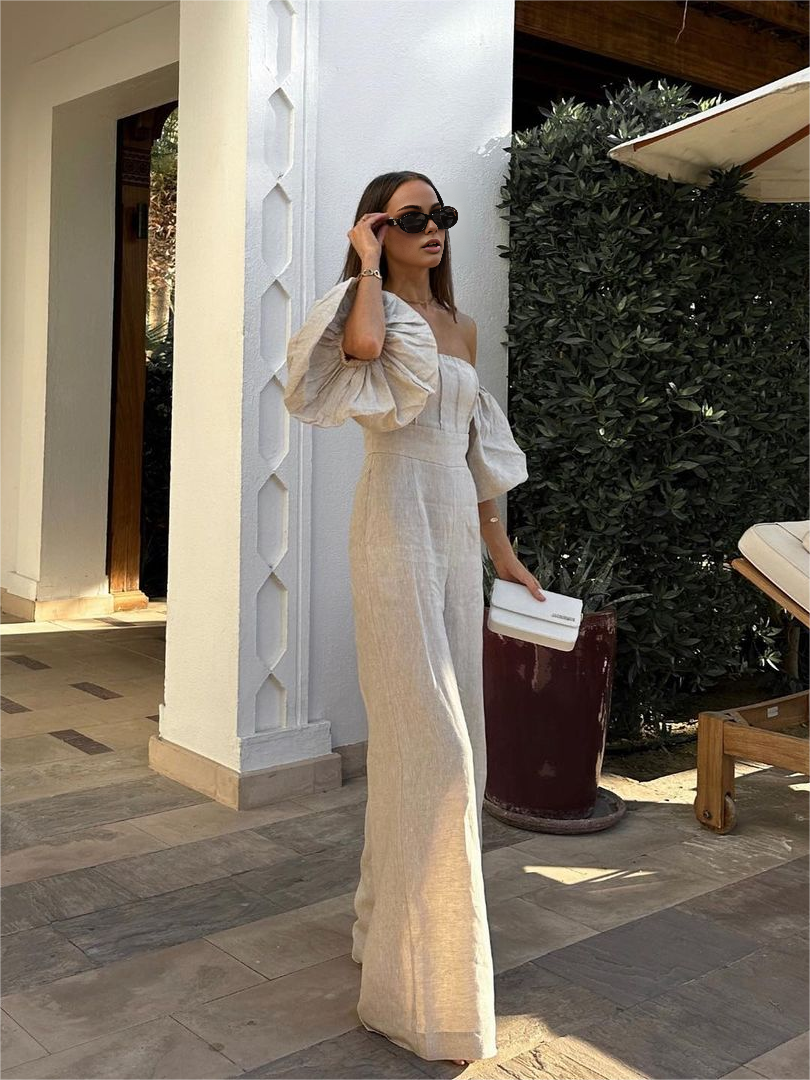 Women's Jumpsuit - Linen Blend - Off-the-Shoulder - Puff Sleeve - Wide-Leg Elegant Fit