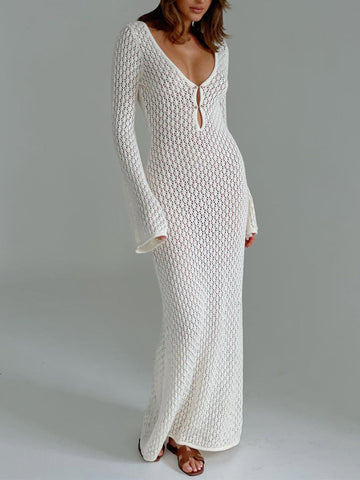 Women's Long Dress - Sheer Knit Cover-Up - Open Back - Long Sleeve Elegant Fit