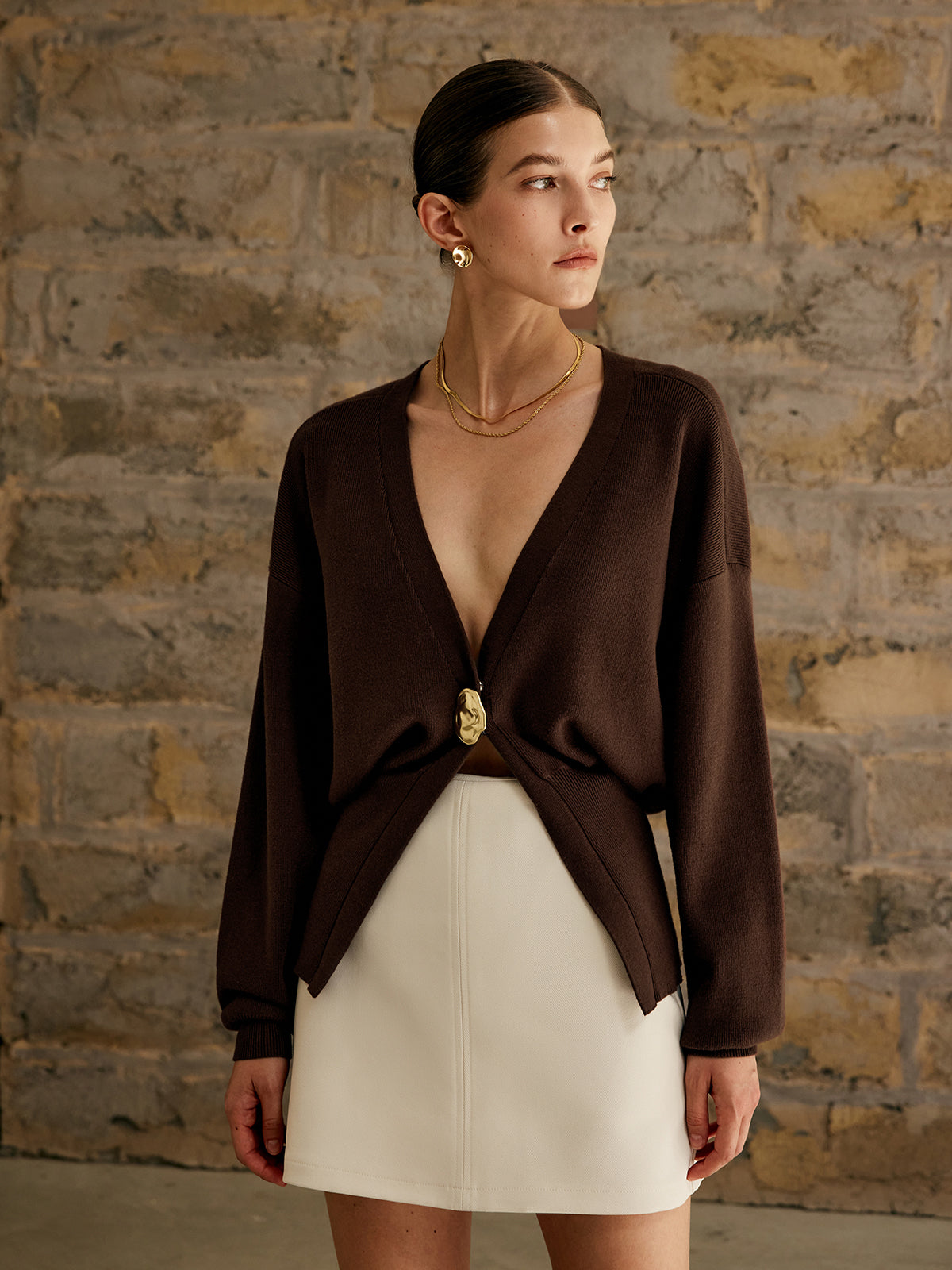 Women's Knit Cardigan - Soft Fabric - V-Neck - Long Sleeve - Golden Button Closure