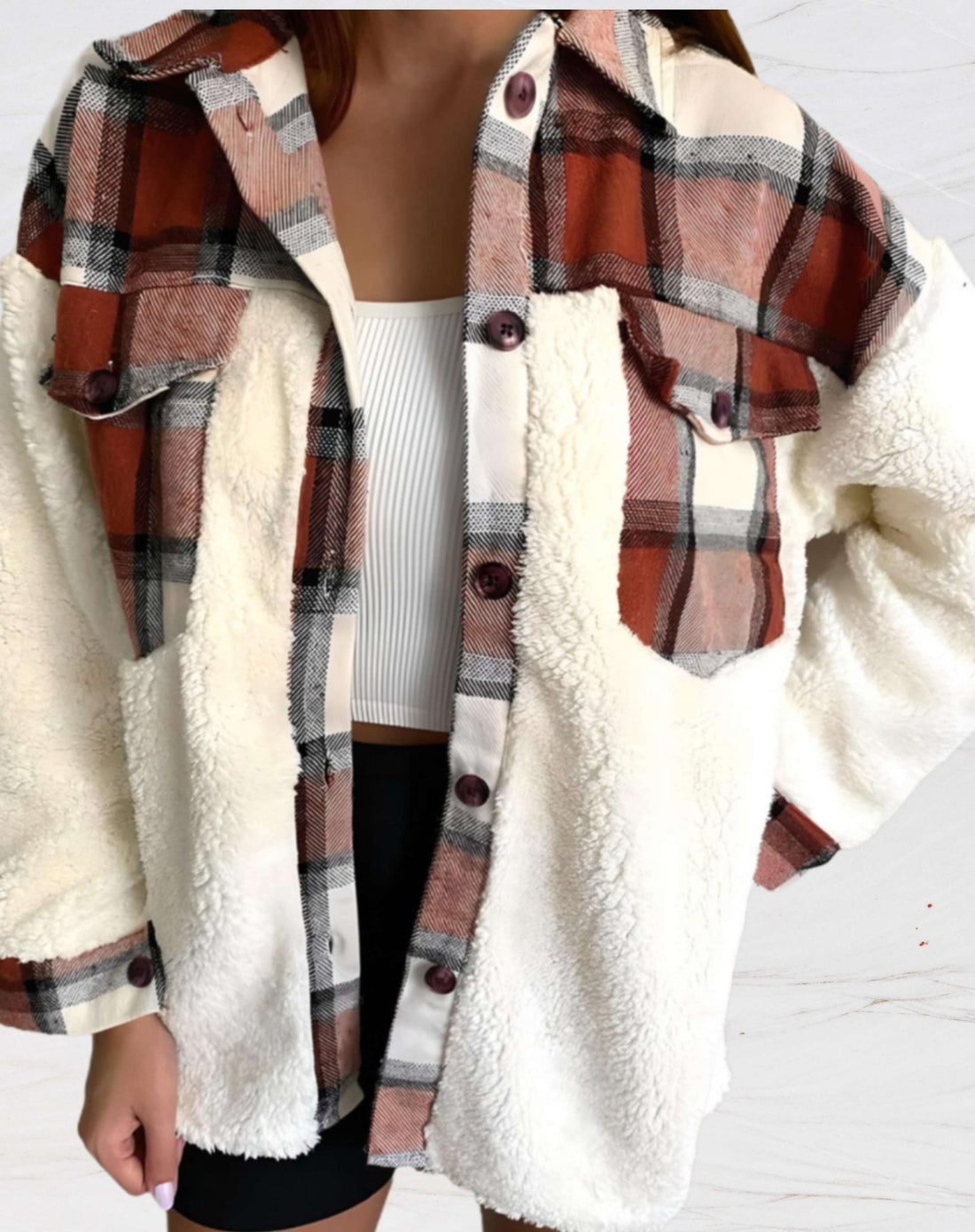 Button down sherpa plaid jacket  for women