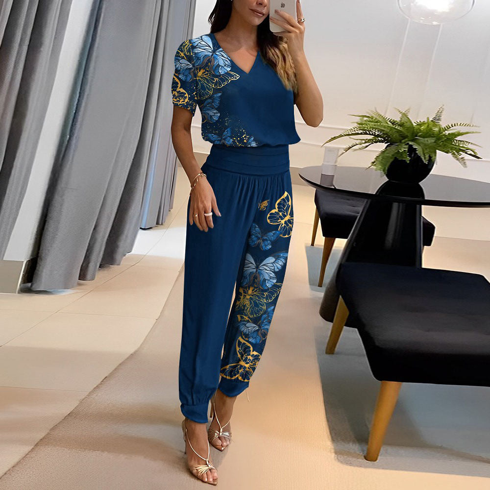 Elegant Printed Blouse and Pants Set - Luxe All-Season Outfit with Breathable Fabric