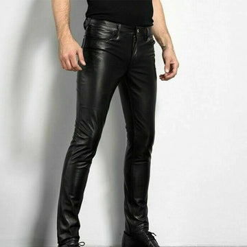 Men’s Slim Fit Trousers – Faux Leather – Five Pockets – Full Length – Belt Loops