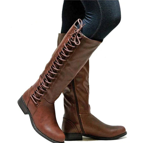 Women’s Knee-High Boots – Sleek Fit – Lace-Up Front – Side Zip – Flat Sole