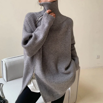 Women’s Oversized Turtleneck Sweater – Chunky Ribbed Knit – Long Sleeve – Side Zip