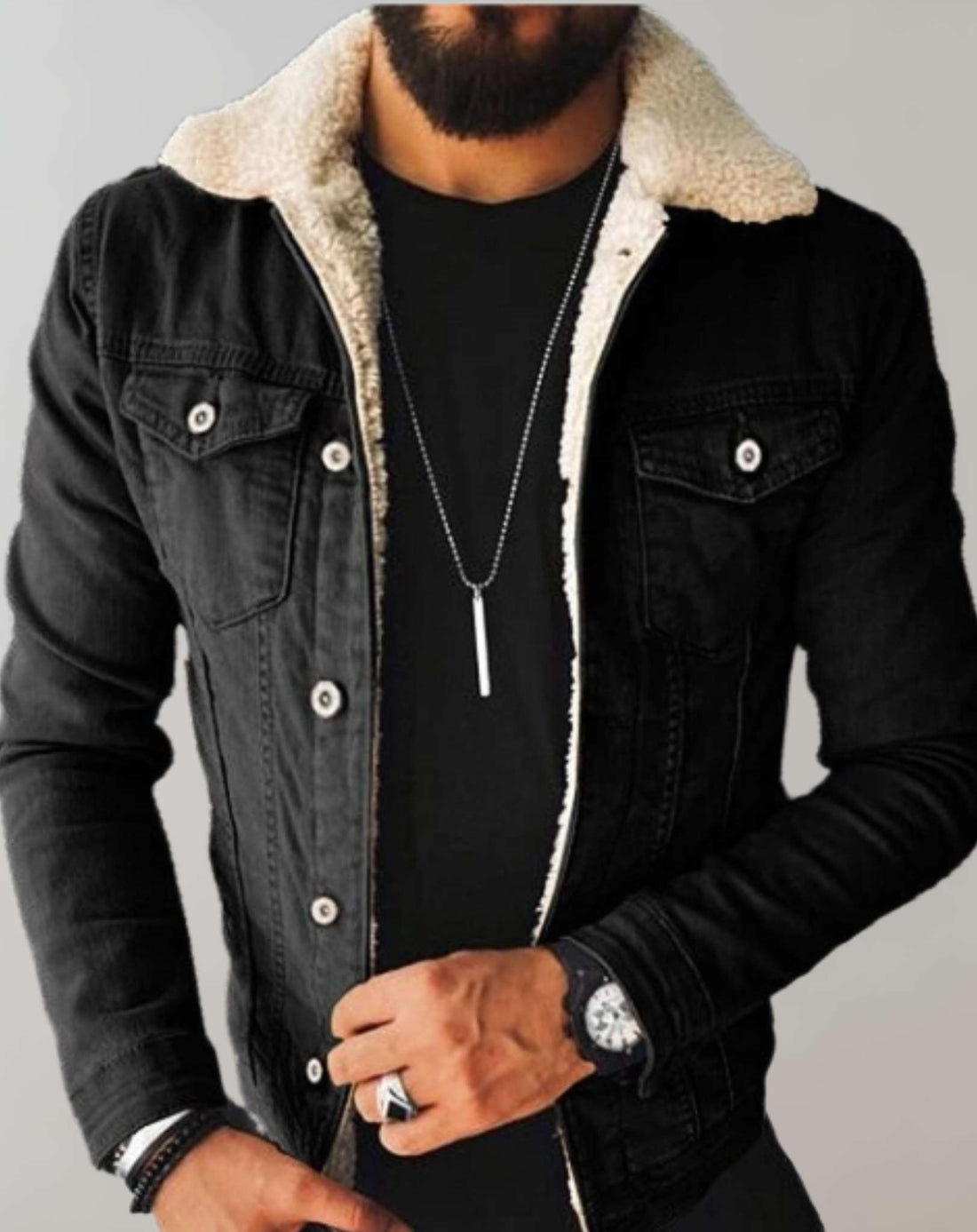 Stylish denim jacket with fleece collar for men