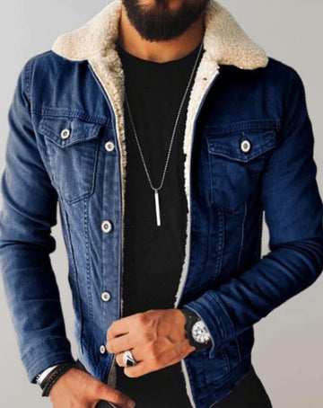 Stylish denim jacket with fleece collar for men