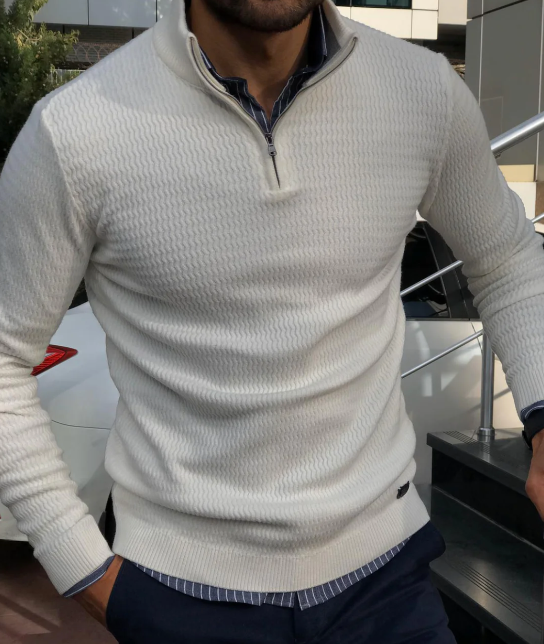Men’s Quarter-Zip Sweater – Regular Fit – Wavy Ribbed Knit – Stand Collar – Wool Blend