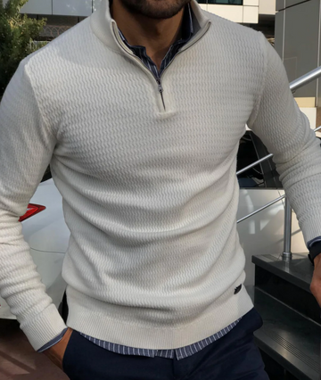 Men’s Quarter-Zip Sweater – Regular Fit – Wavy Ribbed Knit – Stand Collar – Wool Blend