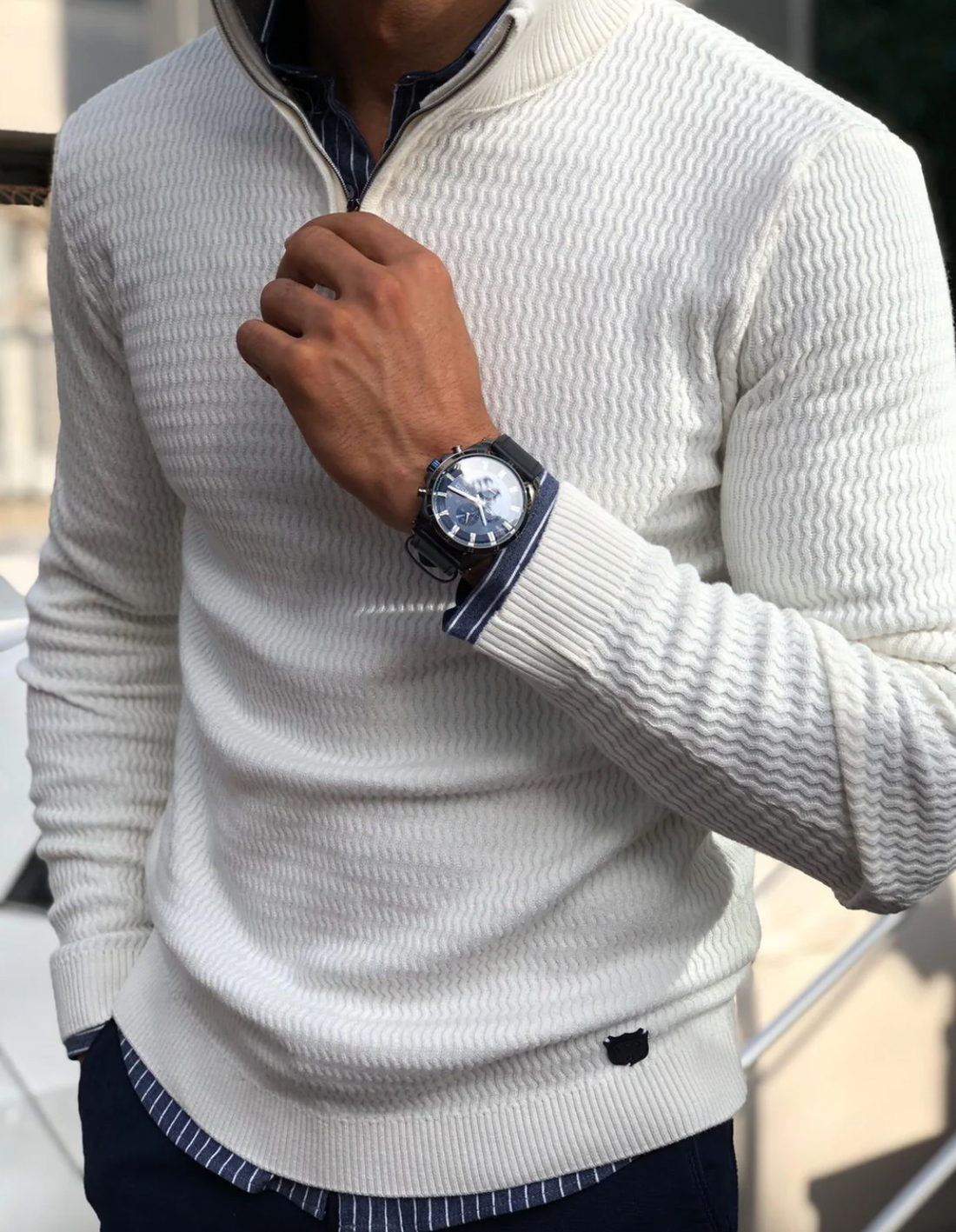 Men’s Quarter-Zip Sweater – Regular Fit – Wavy Ribbed Knit – Stand Collar – Wool Blend