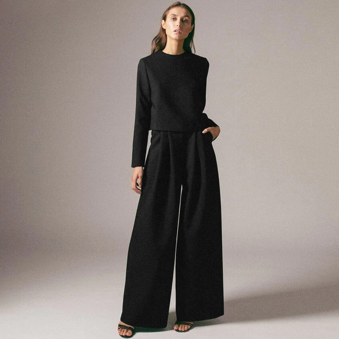 Women’s Two-Piece Set – Long Sleeve Cropped Top & High Waist Wide-Leg Trousers