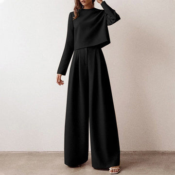 Women’s Two-Piece Set – Long Sleeve Cropped Top & High Waist Wide-Leg Trousers