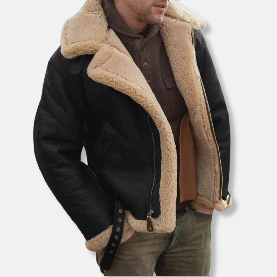 Men’s Aviator Jacket – Shearling Collar and Cuffs – Faux Leather – Full-Zip – Adjustable Straps