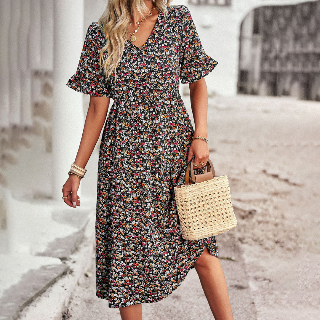 Women's Floral Dress - V-Neck - Short Flutter Sleeves - Relaxed Fit - Midi Length