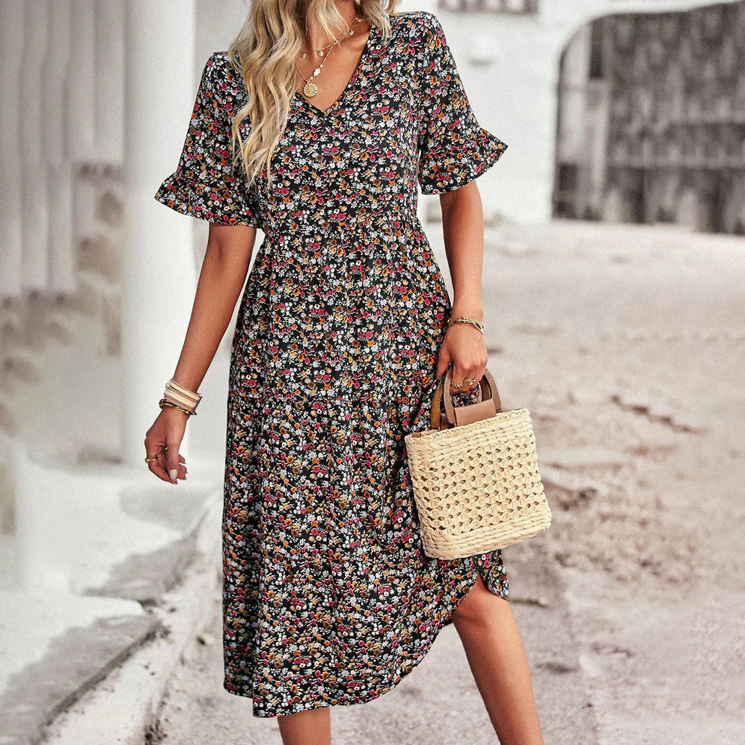 Women's Midi Dress - V-Neck - Short Flared Sleeves - Floral Print - Flowy Casual Wear