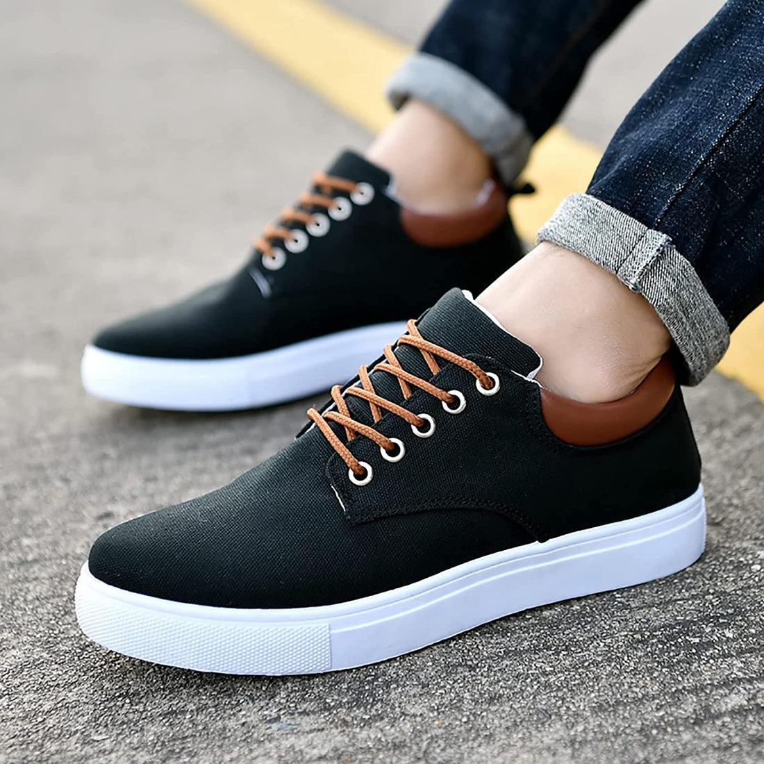 White sole flat canvas sneakers for men