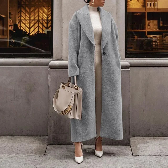 Women’s Full Length Coat – Wool Blend – Oversized Fit – Notched Lapel – Open Front