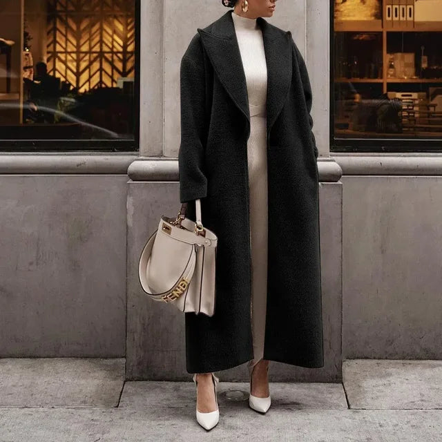 Women’s Full Length Coat – Wool Blend – Oversized Fit – Notched Lapel – Open Front