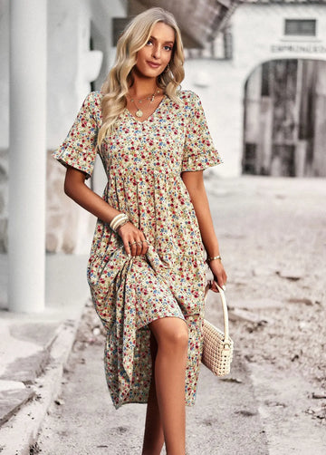 Women's Floral Dress - V-Neck - Short Sleeve - Lightweight Casual Fit