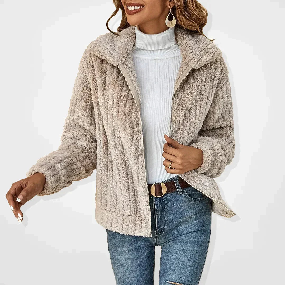 Women’s Teddy Cardigan – Oversized Fit – Zip Front – Ribbed Texture – High Collar