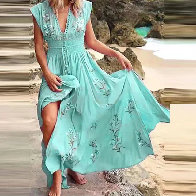 Women's Maxi Dress - V-Neck Embroidered - Smocked Waist - Flowy Lightweight Fabric