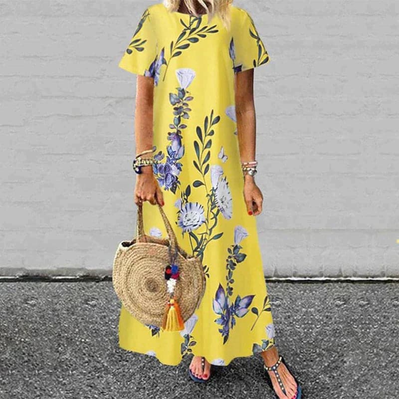 Women’s Maxi Dress – Relaxed Fit – Short Sleeve – Natural Fibers – Floral Print