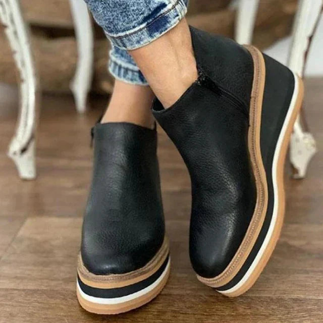Women’s Ankle Boots – Leather Look – Slip-On – Elastic Panel – Chunky Platform Sole