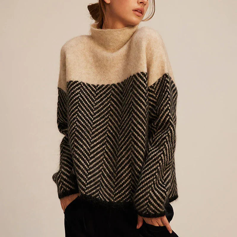Eva Wool Oversized Turtleneck Sweater | Herringbone Hip-Length Sweater