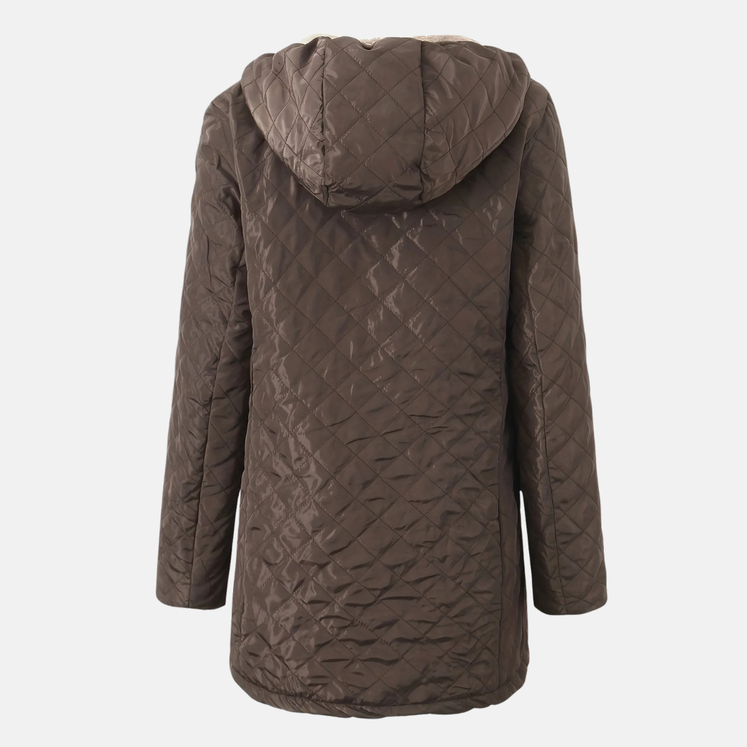 Women’s Quilted Hooded Jacket – Relaxed Fit – Plush Lined – Mid-Thigh Length – Zip Closure