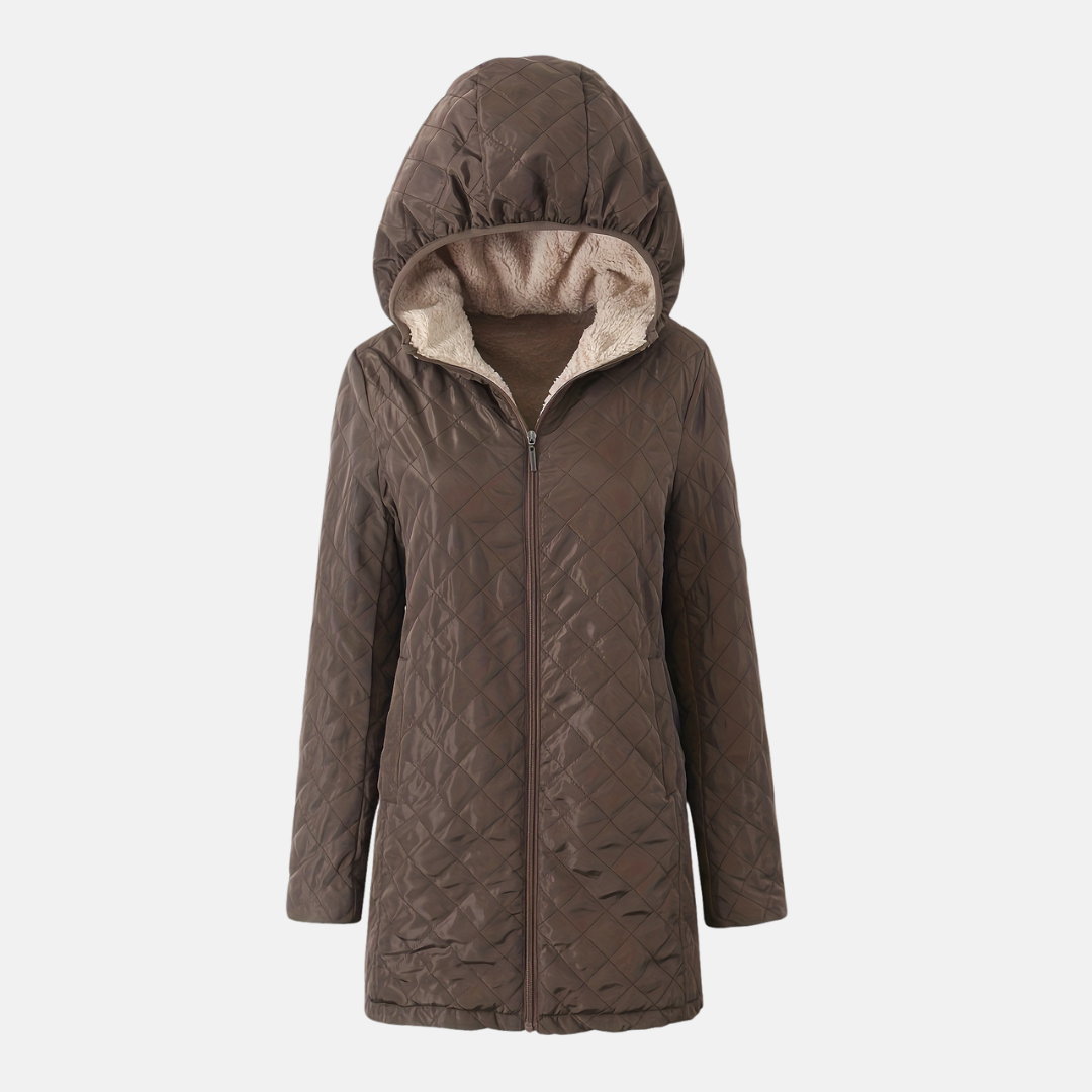 Women’s Quilted Hooded Jacket – Relaxed Fit – Plush Lined – Mid-Thigh Length – Zip Closure
