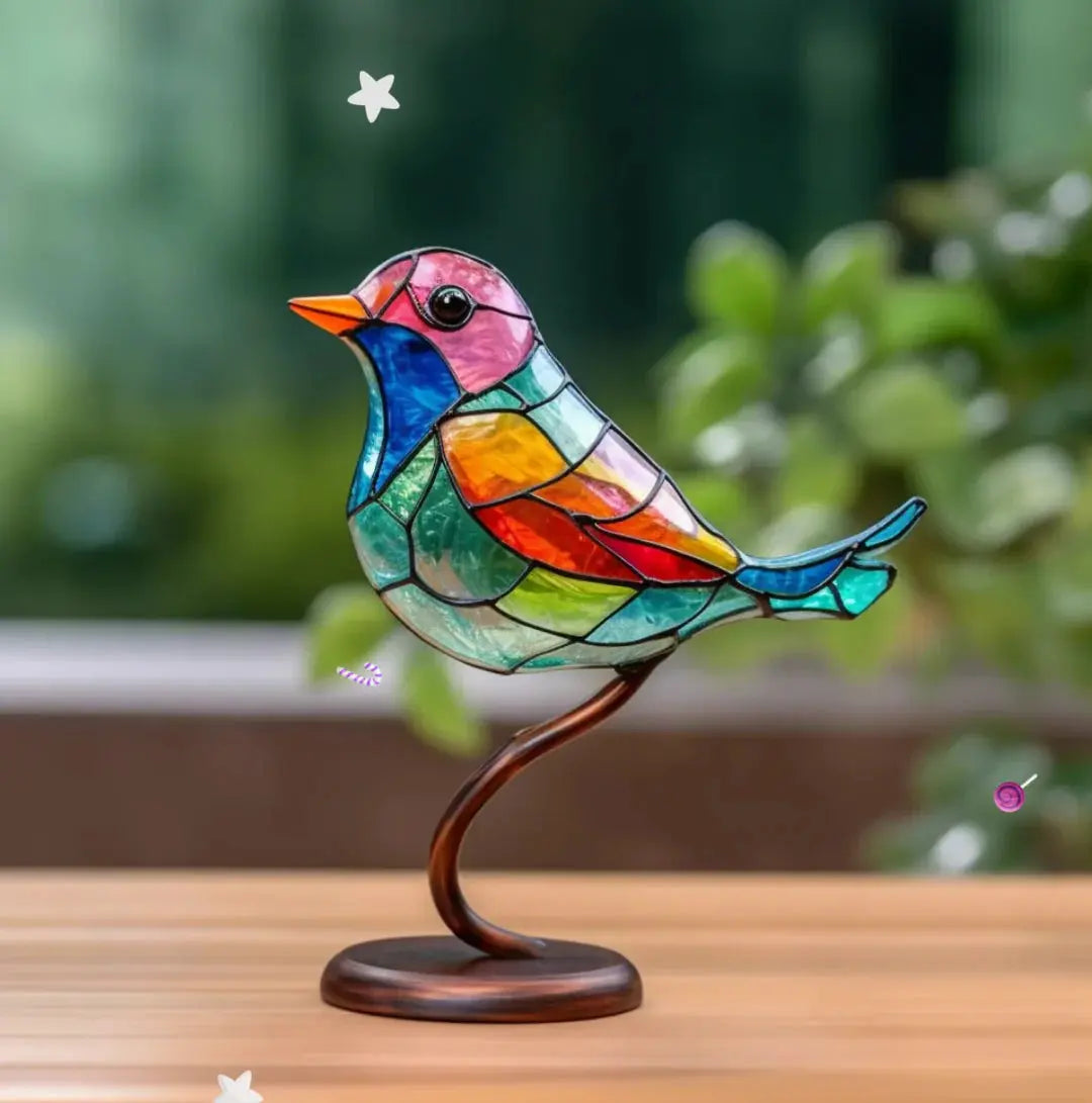 Tiffany-Style Perched Branch Stained Glass Bird Suncatcher