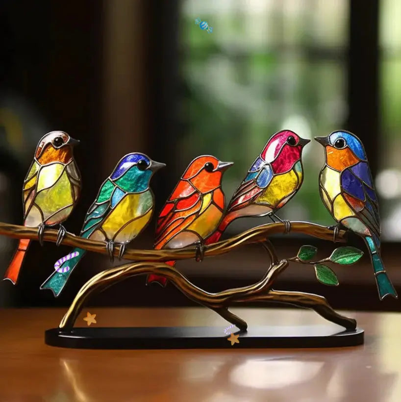 Tiffany-Style Perched Branch Stained Glass Bird Suncatcher