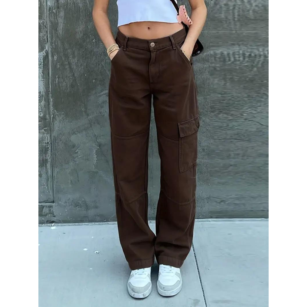 Women's Cargo Pants - Relaxed Straight-Leg Fit - Mid-Rise Utility Design - Multiple Pockets