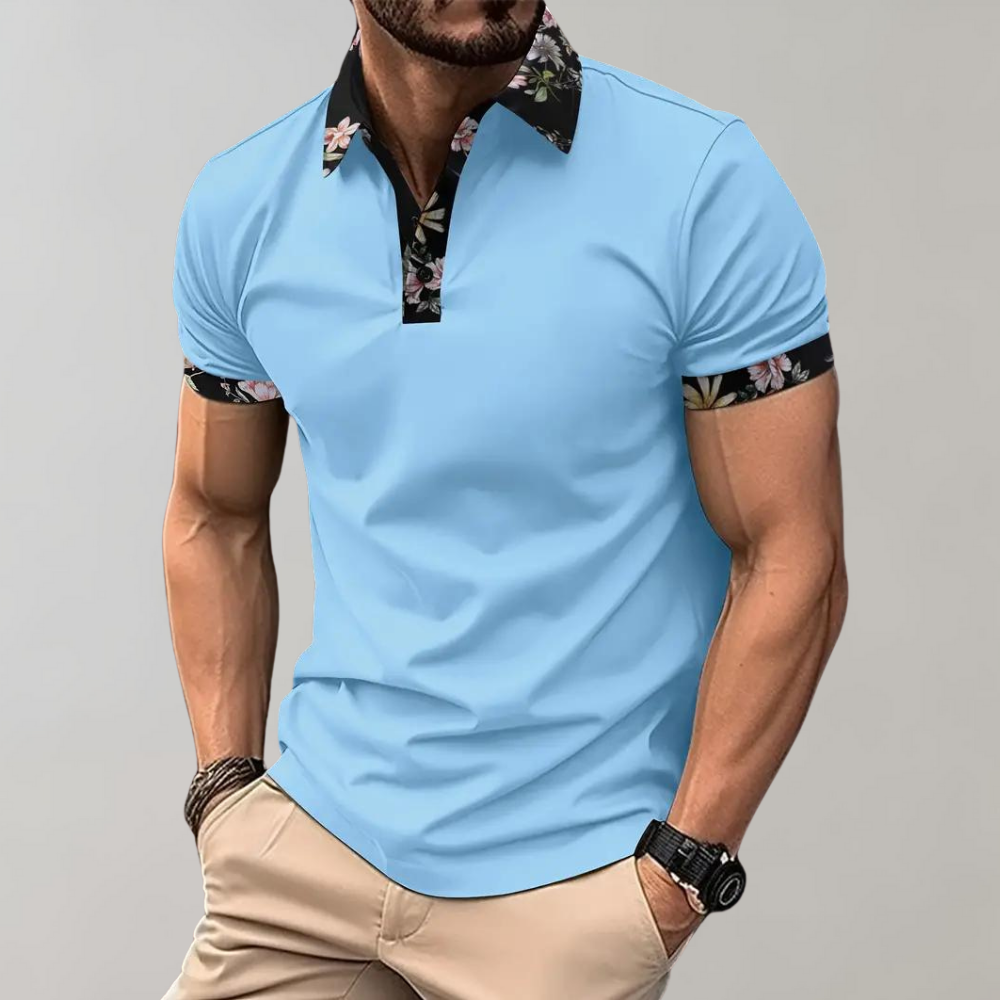 Men’s Polo Shirt – Slim Fit – Breathable Blend – Floral Trim – Short Sleeve Casual Wear