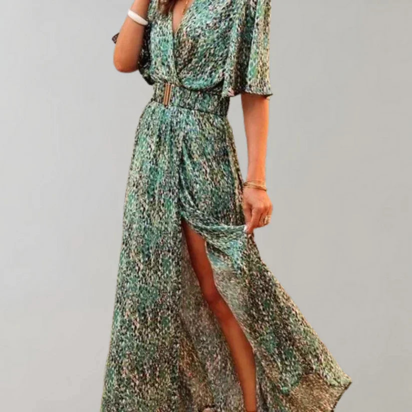 Women's Maxi Dress - V-Neck - Half Sleeve - Banded Waist - Side Slit - Flowing Fit