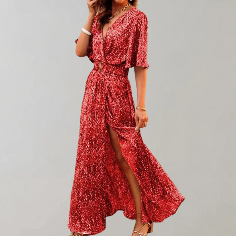 Women's Maxi Dress - V-Neck - Half Sleeve - Banded Waist - Side Slit - Flowing Fit