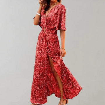 Women's Maxi Dress - V-Neck - Half Sleeve - Banded Waist - Side Slit - Flowing Fit