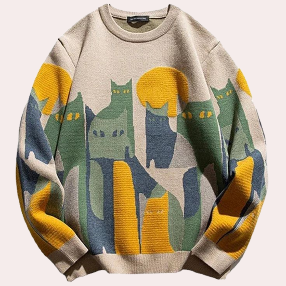 Men's trendy cat print round neck sweater