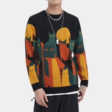 Men's trendy cat print round neck sweater