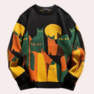 Men's trendy cat print round neck sweater