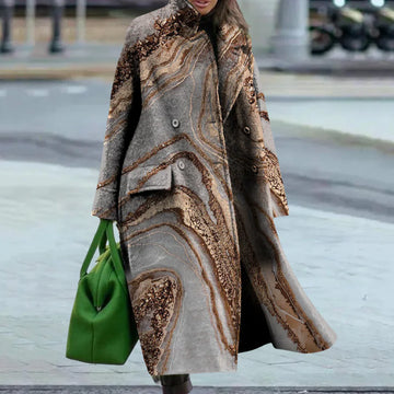 Women’s Overcoat – Wool Blend – Oversized Fit – Full Length – Abstract Pattern – Button Front