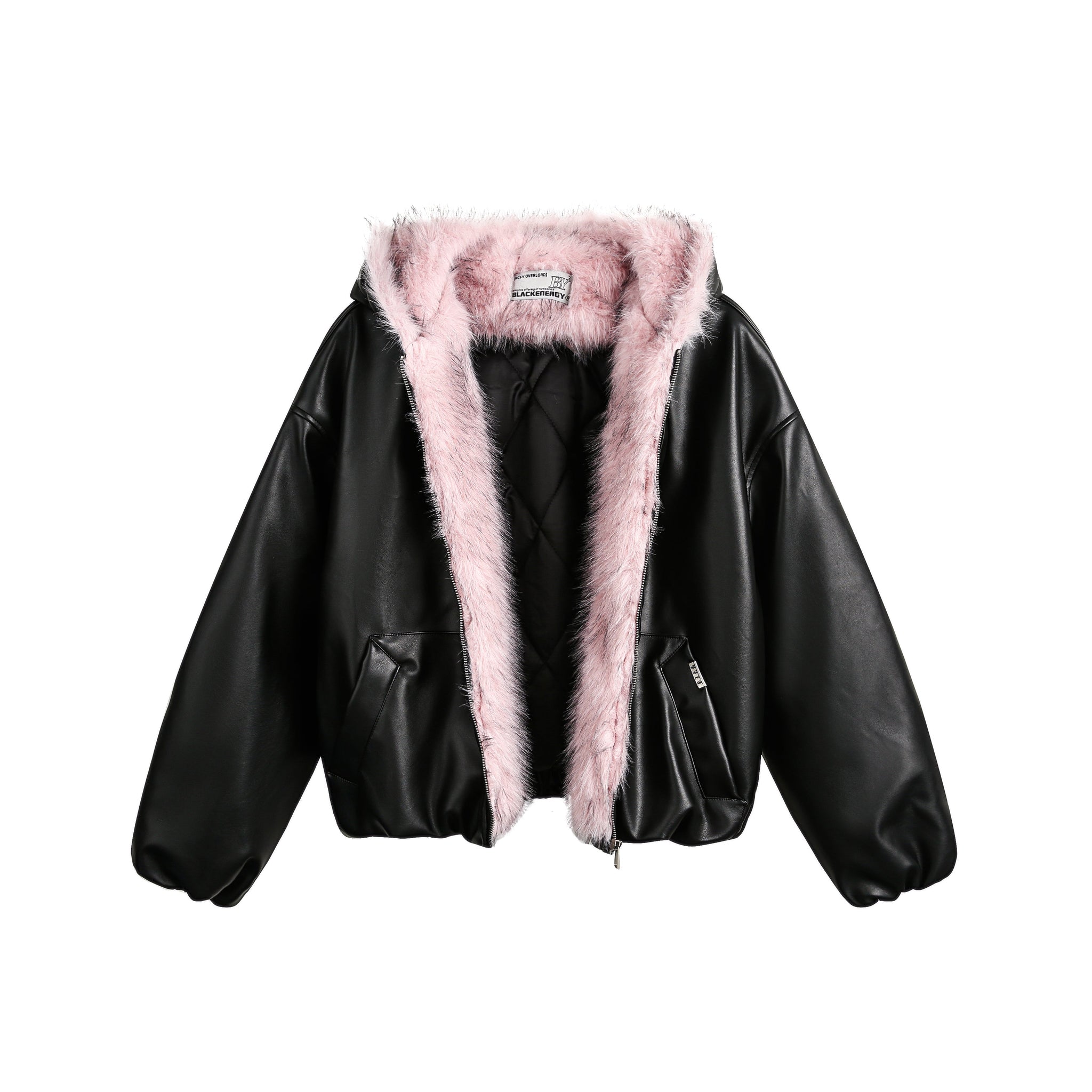 Faux pink fur hooded cotton jacket for women