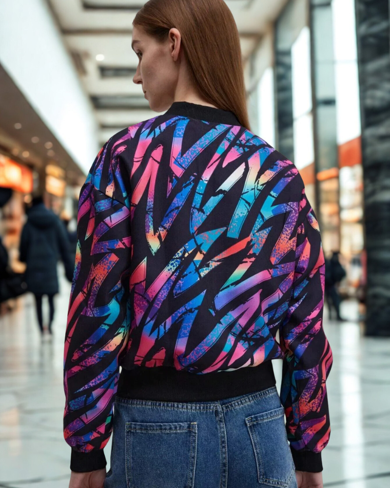 Women’s Bomber Jacket – Cropped Fit – Reflective Abstract Print – Ribbed Trim