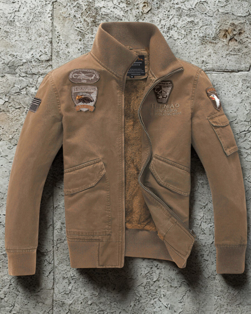 Men’s Bomber Jacket – Slim Fit – Military Style – Plush Lining – Embroidered Patches